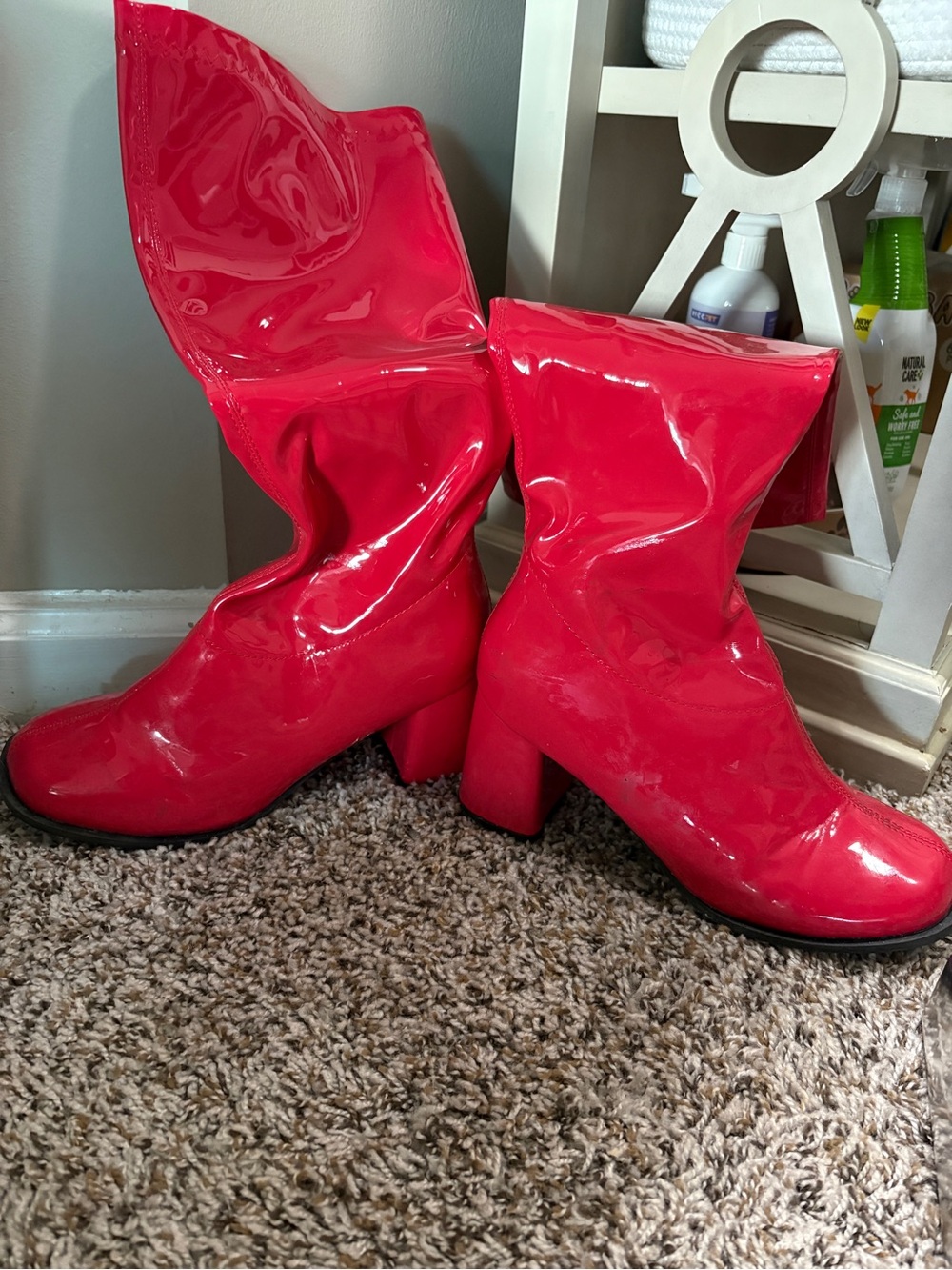 Red Gloss Mid-Calf Block Heel Boots